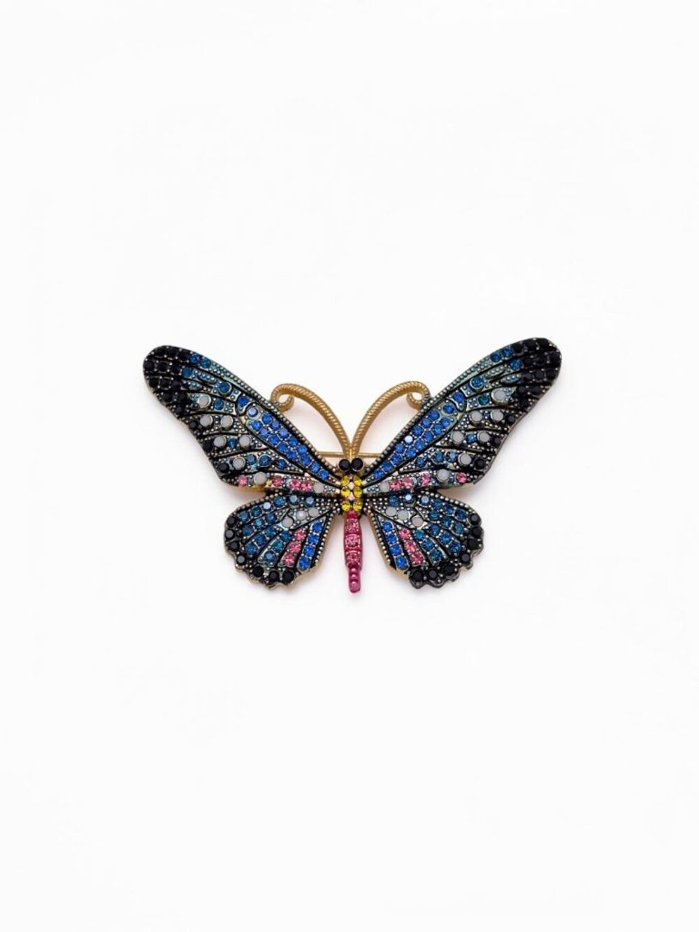 Vintage Gold Tone Blue Pink Rhinestone Swallowtail Butterfly Brooch Pin
